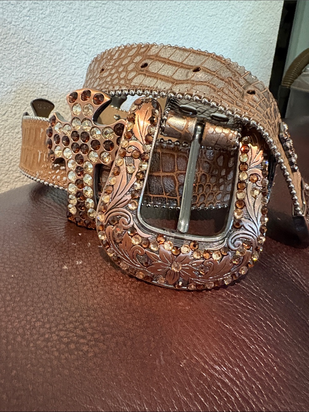 B.B. Simon Embellished Croc-Embossed Tan Belt with Ornate Gold Buckle